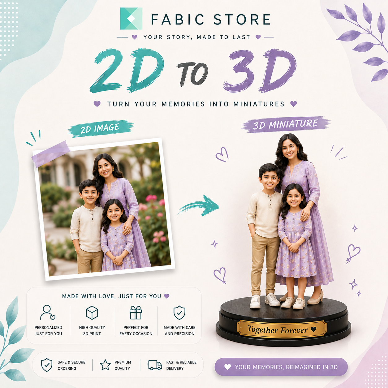 Your Family Forever – Custom 3D Printed Family Statue for 2, 3 or 4 Members