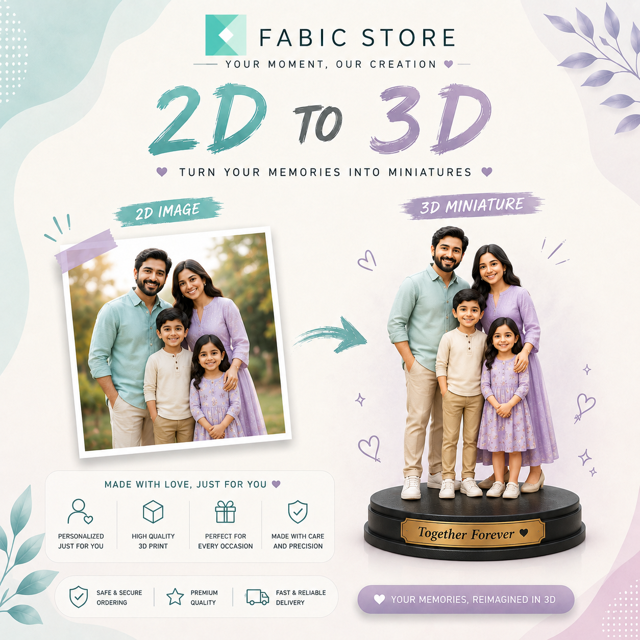 Your Family Forever – Custom 3D Printed Family Statue for 2, 3 or 4 Members